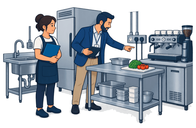 A cafe operator and adviser inspect kitchen facilities, refrigeration and counter services before committing to a fit-out.
