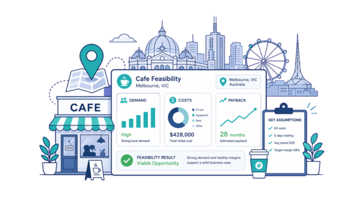 Melbourne cafe theme illustration with a shopfront, city skyline and decorative dashboard cards. Any figures in the artwork are illustrative, not this guide’s forecasts.