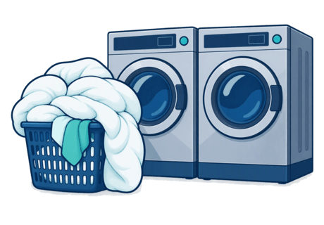 Spot illustration of a laundry basket of bulky bedding beside large front-loading washers.