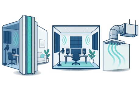 Illustration of three separate elements: a thick wall between a studio and a neighbour, a room with treatment panels shaping sound, and a ventilation duct carrying air into the room.