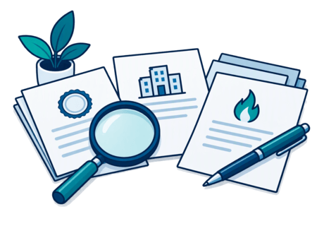 Illustration of a desk with a lease, a permission letter, a rates notice and a fire-safety document being reviewed with a magnifying glass.