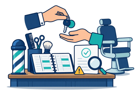 A shop handover scene with an appointment book and document card being checked on a counter.