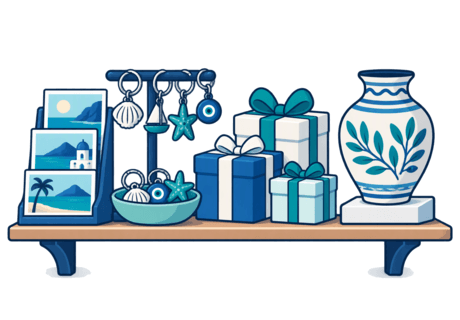 Illustration of a souvenir shop shelf holding small carryable keepsakes, wrapped gifts and a larger handmade local piece.