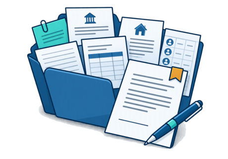 Illustration of an open folder containing customer notes, official letters, quotes, a lease and a staff roster, with one item flagged as unresolved beside an unsigned agreement.