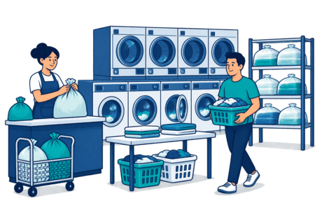 Illustration of a wash-and-fold workflow, from intake bags through sorting, machines and a folding table to a shelf of finished parcels, while a self-service customer waits for a machine.