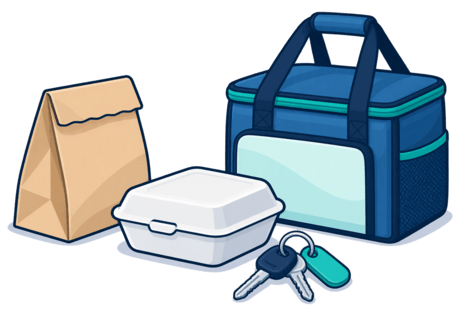 Spot illustration of a lunch bag, a dinner box beside a set of keys, and a delivery bag, shown as separate objects.