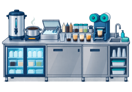 Illustration of a bubble tea preparation area with a tea brewer, a topping pot on a burner, an ice bin, an under-counter fridge, cups being assembled, a cup-sealing machine and cleaning cloths.