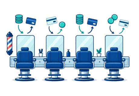 A row of barber chairs, each linked by simple arrows to different payment paths.