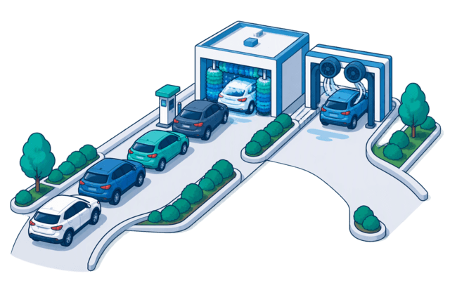 Illustrated car-wash site with cars approaching a payment point and wash bay, followed by a drying area and separate exit; queue and circulation space surround the machinery.