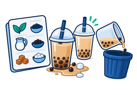Spot illustration contrasting a neat recipe card with a cup surrounded by a small spill, a remade cup and a discarded batch container.