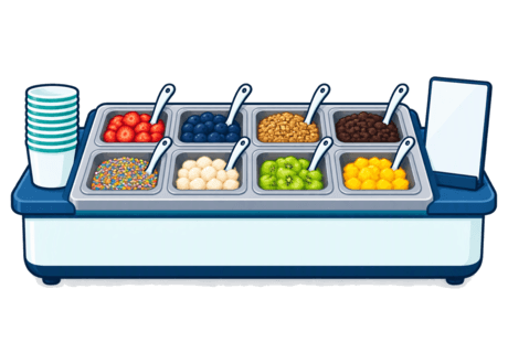 A topping bar with separated containers, a dedicated spoon in each container and a blank ingredient-information card beside them.