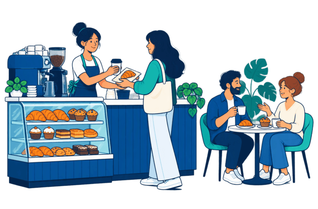A takeaway customer collects coffee and a pastry while seated customers share breakfast, showing different uses of the cafe's counter and tables.