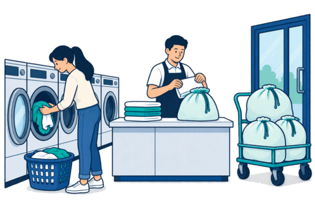 A laundromat counter with customers using washers on one side, staff folding bagged laundry, and bundled business orders waiting for collection.