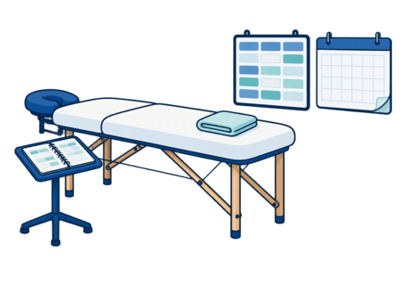 A single massage table with an appointment diary beside a small staff roster board and wall calendar.