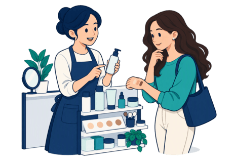 A shop assistant helping a customer compare skincare products and shades at a small, focused display.