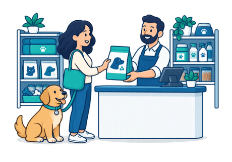 A customer at a small pet store counter picking up a familiar bag of pet food while a dog waits beside them.