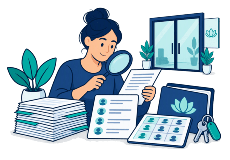 A buyer reviewing membership records, a lease and a teacher roster on a table in front of a yoga studio door.