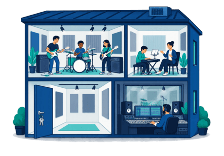 Illustration of a small studio building with four separate activities: a band rehearsing, a teacher with a student, an empty room offered for rent, and an engineer at a recording desk.