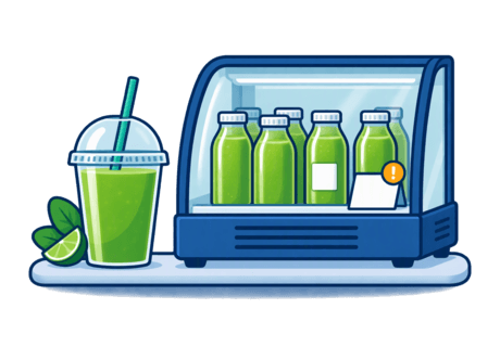 Spot illustration contrasting a single made-to-order cup with filled bottles in a chilled cabinet carrying a blank label and date tag.
