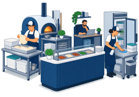 Illustration of a small pizza kitchen where staff prepare dough before opening, clean after closing and handle paperwork around a central service counter.