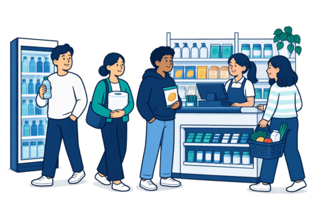Illustration of shoppers on short convenience trips: one picking up a drink, one grabbing a household essential, one buying a snack, one topping up groceries.