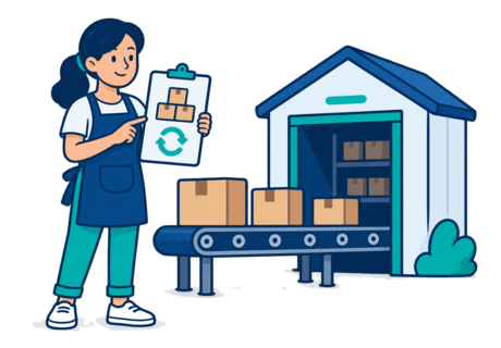 Illustration of parcels being handed into a warehouse while a seller keeps a clipboard for stock and reorders.