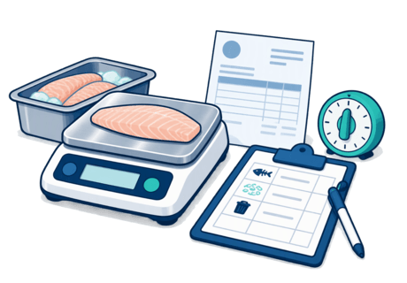 Illustration of a fish fillet on a kitchen scale beside an invoice, a timer and a waste log clipboard.