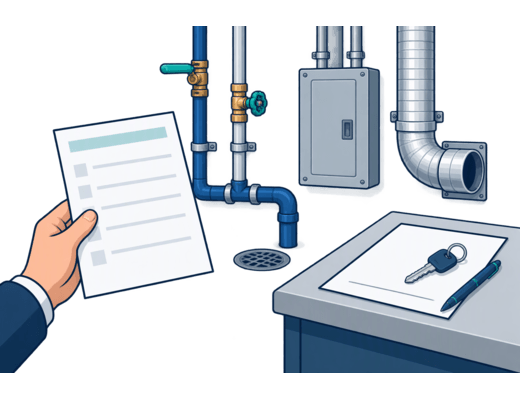 Illustration of a machine specification sheet held up against an empty commercial unit's water, drain, power and exhaust connections, with a consent document nearby.