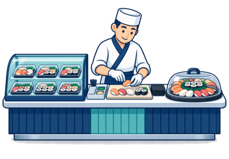 Illustration of a sushi counter with a chilled grab-and-go display, a chef assembling an order, and a boxed platter ready for collection.