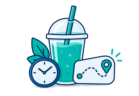 Spot illustration of a takeaway juice cup beside a small clock and a route marker, suggesting a daily buying occasion.