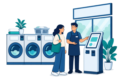 Illustration of a laundromat interior with instruction panels on machines, a payment kiosk screen and a storefront sign, all shown without readable text.