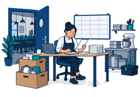 A restaurant owner at a back-office desk after closing, surrounded by a stock delivery, a staff roster board, invoices and a toolbox.
