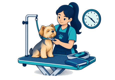 A groomer scissoring a dog on a grooming table, with a wall clock and appointment diary nearby.