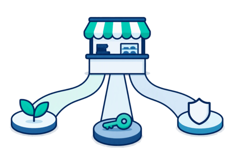 Spot illustration of three neutral paths leading towards a simple shop counter.