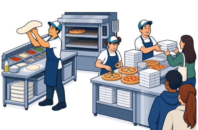 Pizza preparation and baking stations lead to a crowded packing and collection counter, where finished orders wait for handoff despite available oven space.