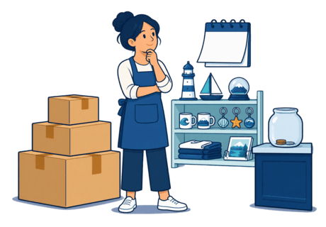 Illustration of a shop owner beside delivered boxes of stock, with a calendar and a coin jar running low before a busy season.