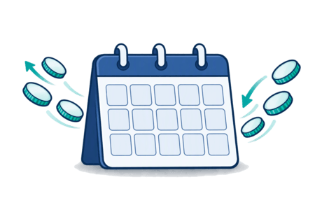 Spot illustration of a calendar with coins leaving on one side and arriving on another.