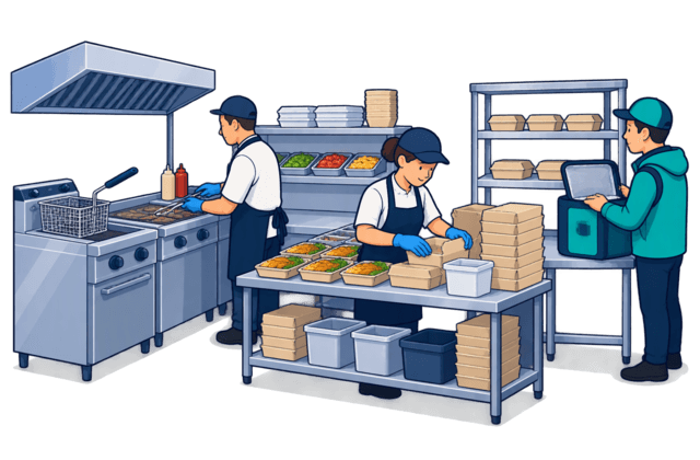 Cooked takeaway meals wait at a crowded packing bench while a fryer basket is idle and a handoff worker waits beside an open delivery bag.