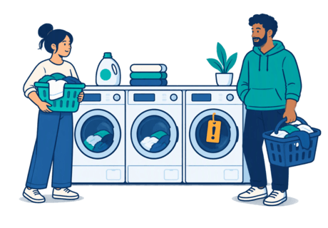 Illustration of a shared apartment laundry room with a few washers, one marked out of order, and residents waiting with laundry baskets.