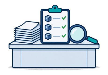 Documents, a stock-count clipboard and a checkmark on a counter.