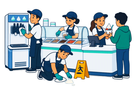 A self-serve frozen yoghurt shop where staff clean a machine, refill toppings, run checkout and wipe up a spill.