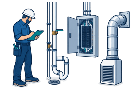 A contractor inspecting pipes, a floor drain, an electrical panel and a dryer exhaust duct in an empty retail unit.