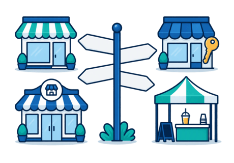 Spot illustration of a signpost with four blank arrow signs pointing toward a shopfront, a shop with a handover key, a branded storefront and a pop-up canopy.