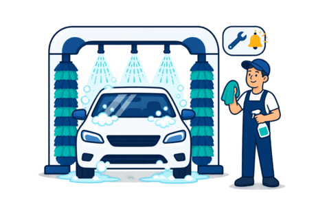 Spot illustration of a car-wash bay with a person holding a cleaning cloth and a small wrench alert badge, showing that work is shared between customers, machines and staff.