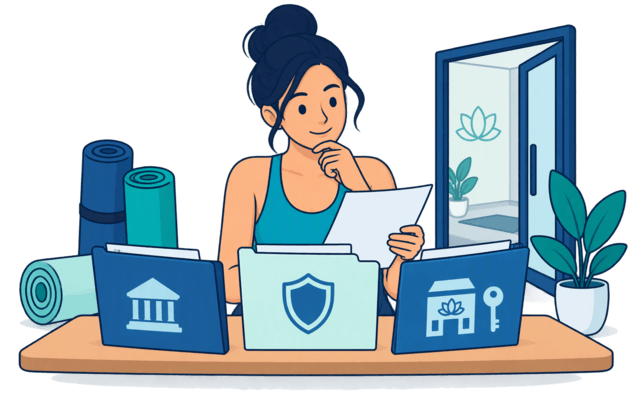A yoga studio operator reviews separate folders identified by a government building, an insurance shield and a studio key, representing legal, insurance and venue requirements.