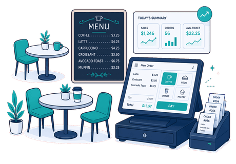 Illustration of cafe tables, a chalkboard menu, a sales summary screen, a point-of-sale terminal and printed order tickets.