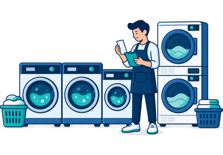Illustration of a row of washers and dryers alongside payment printouts being compared on a clipboard.