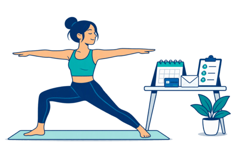 A yoga teacher on a mat beside a desk holding a booking calendar, payment card and cover roster.