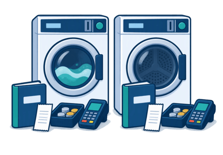 Illustration of a washer and a dryer side by side, each with its own separate ledger and payment receipt.