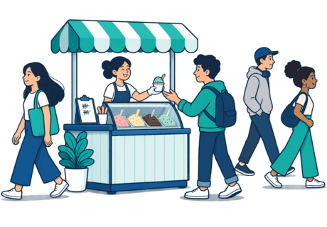 Spot illustration of a small gelato test stall with one customer buying a cup while others walk past, and a blank tally card on the counter.